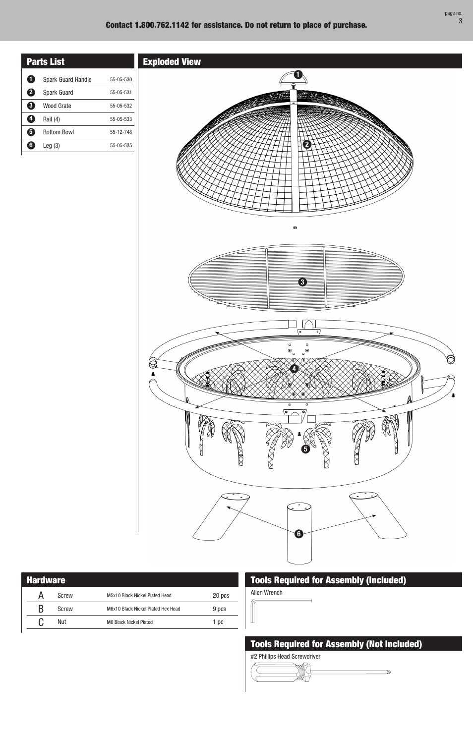 Hardware, Tools required for assembly (included), Tools required for assembly (not included) | Exploded view, Parts list | Blue Rhino WAD850SP User Manual | Page 3 / 8