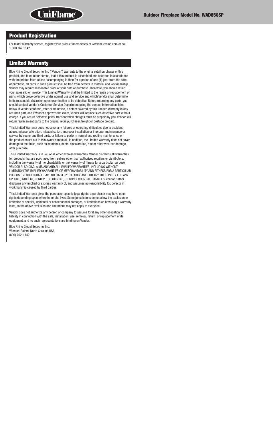 Product registration, Limited warranty | Blue Rhino WAD850SP User Manual | Page 6 / 8