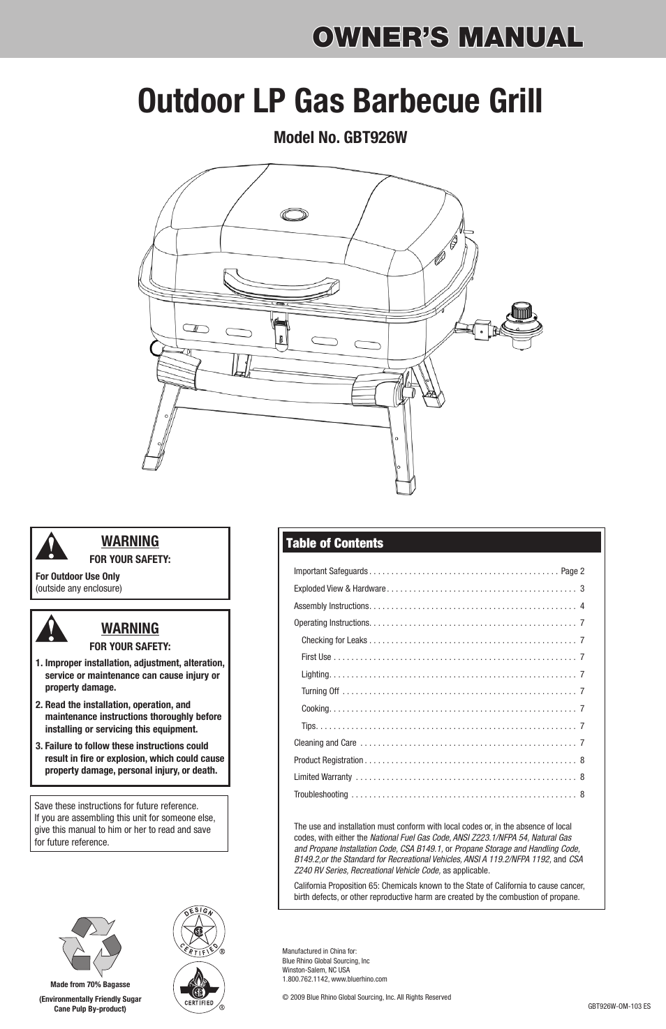 Blue Rhino GBT926W User Manual | 20 pages