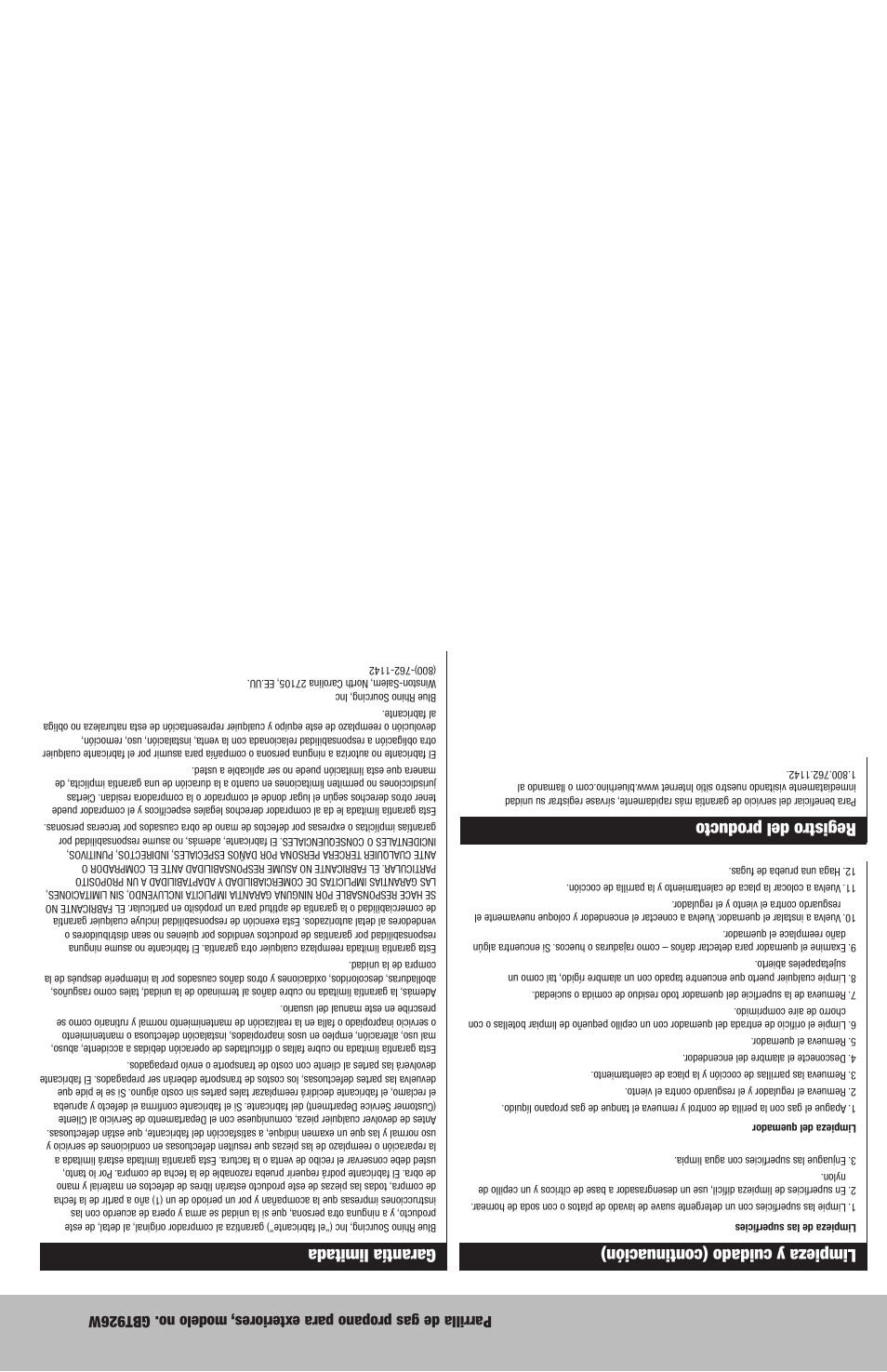 Registro del producto, Garantía limitada, Limpieza y cuidado (continuación) | Blue Rhino GBT926W User Manual | Page 13 / 20