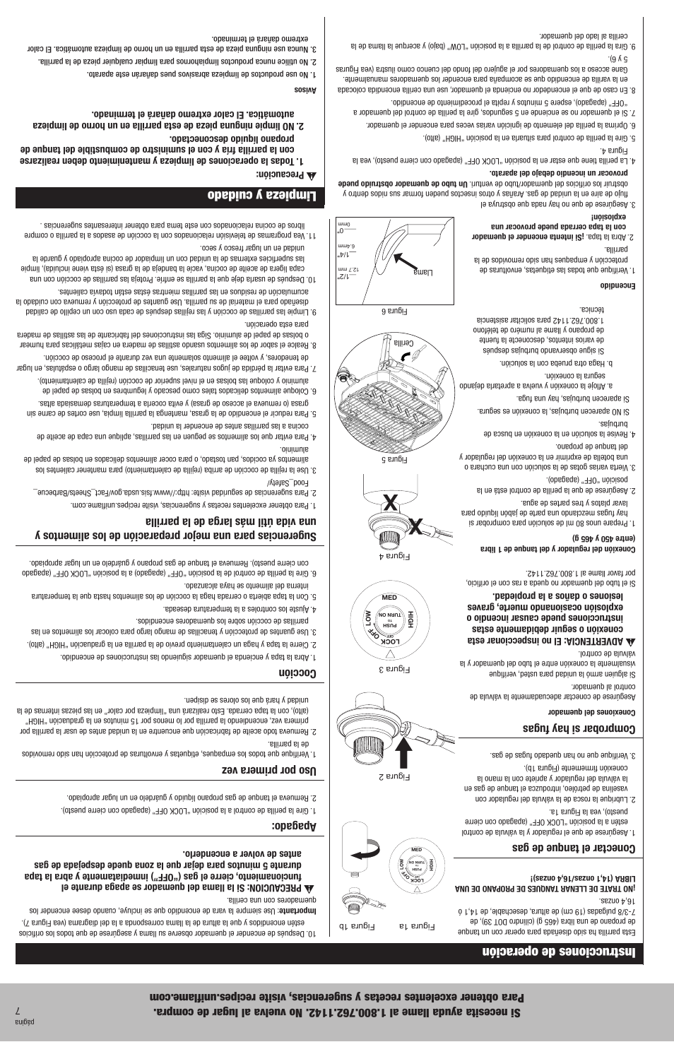 Instrucciones de operación, Limpieza y cuidado, Conectar el tanque de gas | Comprobar si hay fugas, Apagado, Uso por primera vez, Cocción | Blue Rhino GBT926W User Manual | Page 14 / 20