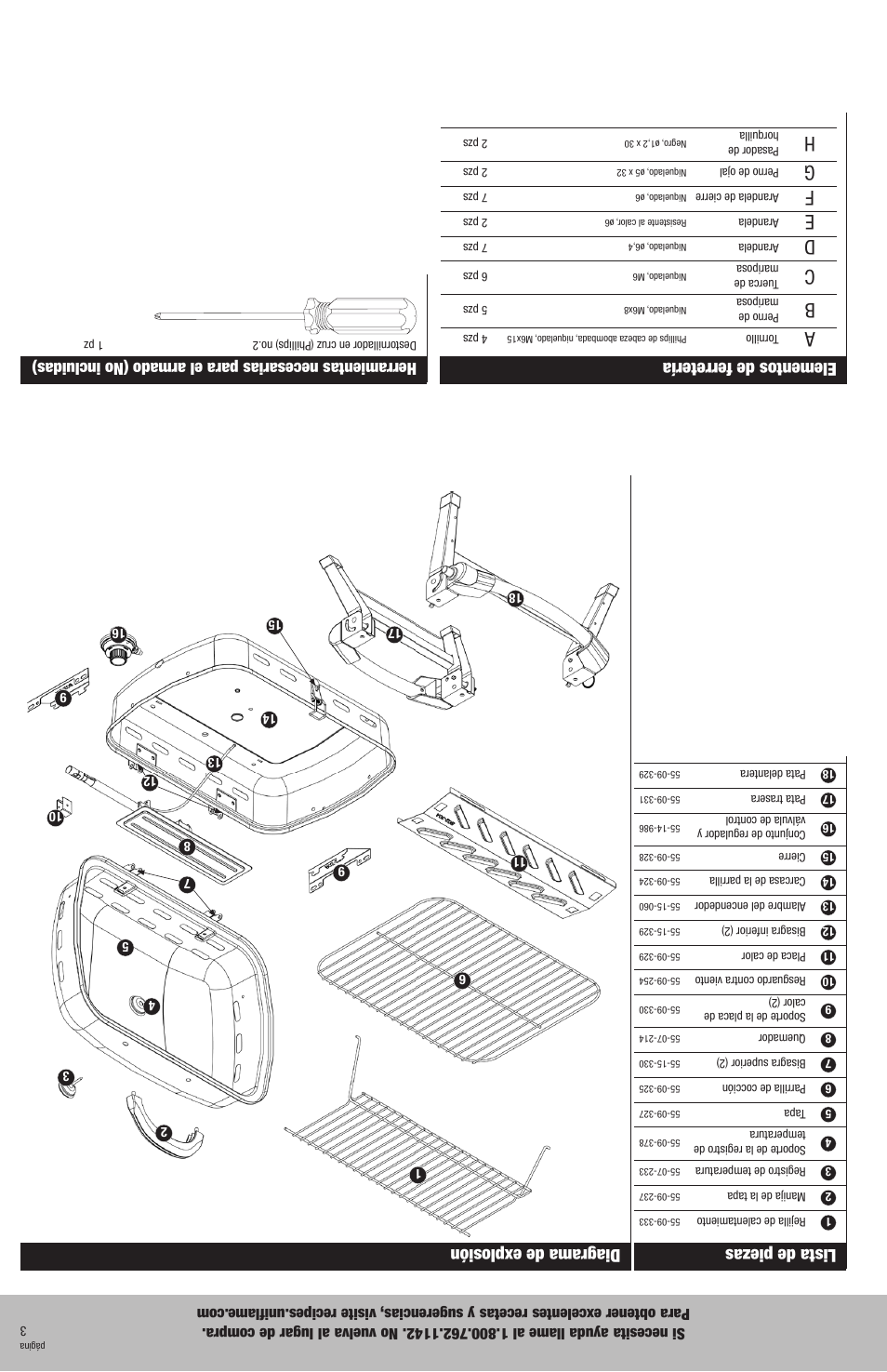 Elementos de ferretería, Lista de piezas, Diagrama de explosión | Blue Rhino GBT926W User Manual | Page 18 / 20