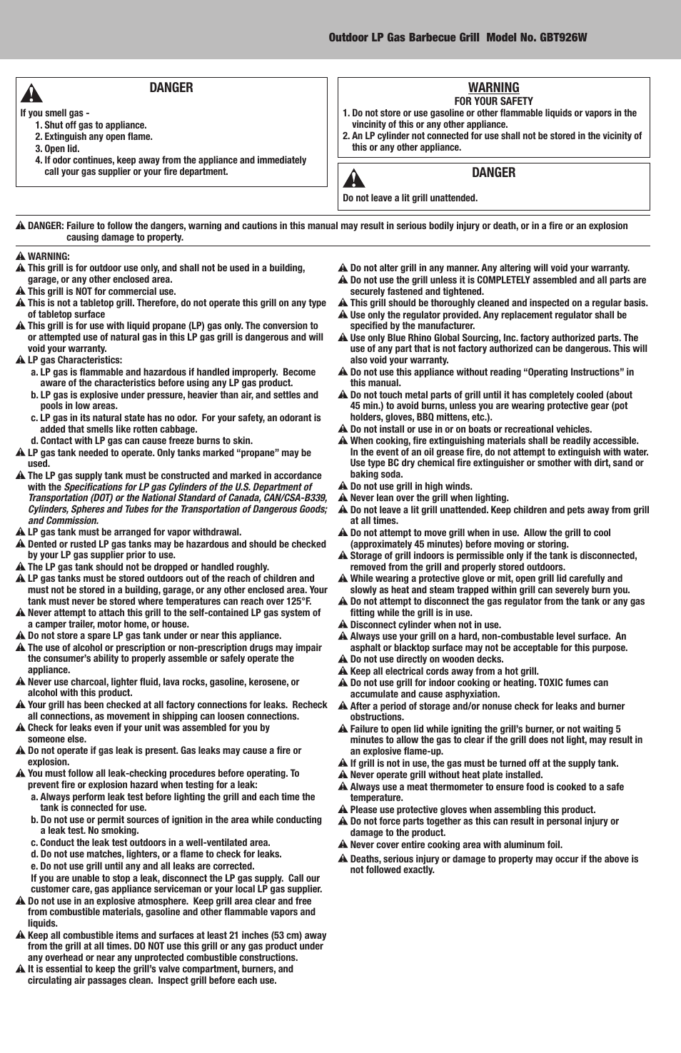 Danger, Warning | Blue Rhino GBT926W User Manual | Page 2 / 20