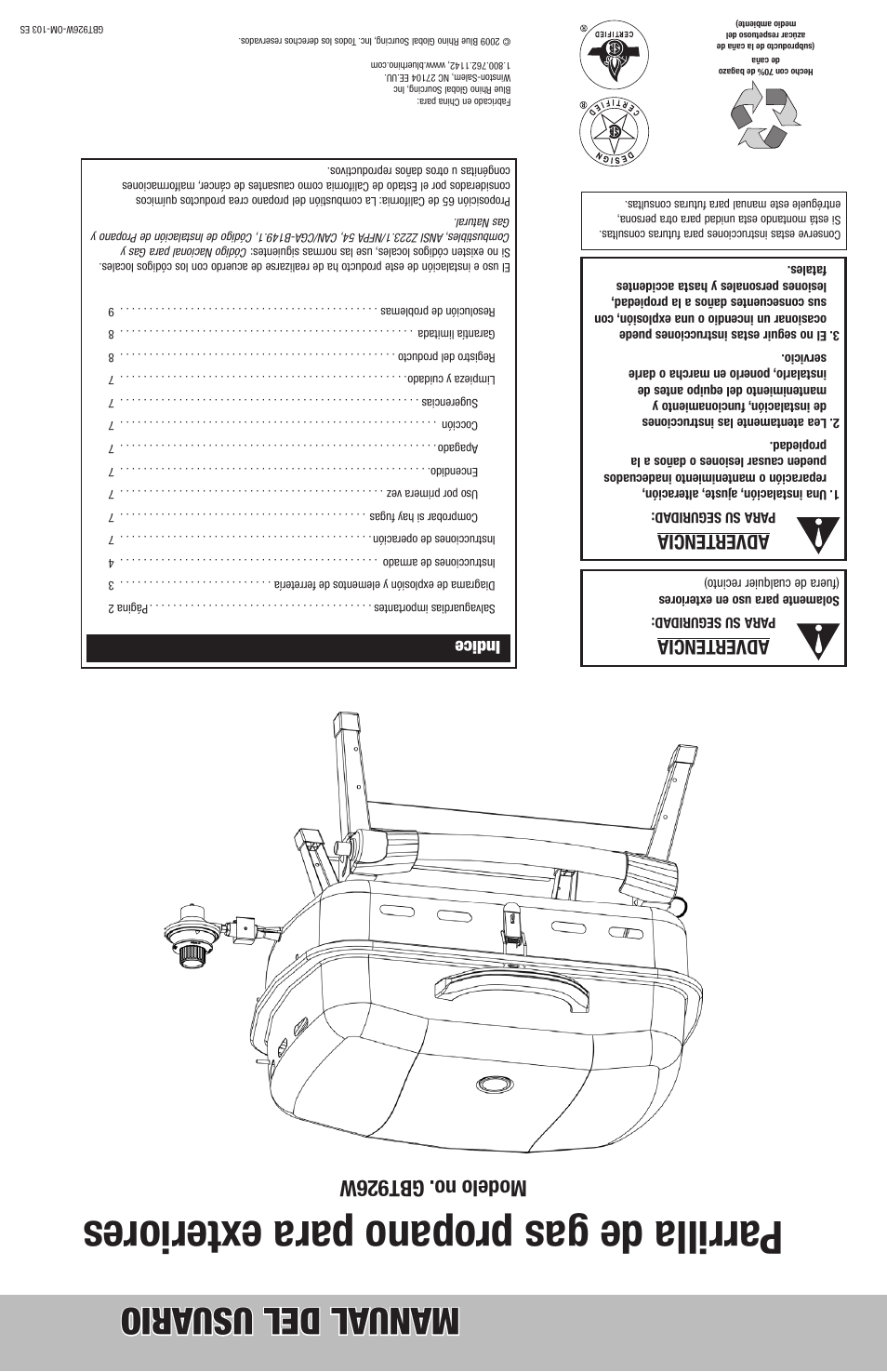 Parrilla de gas propano para e xteriores, Manual del usu ario, Modelo no. gbt926w | Advertencia, Indice | Blue Rhino GBT926W User Manual | Page 20 / 20