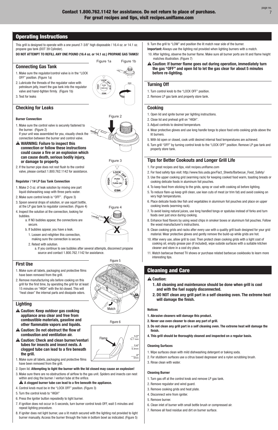 Cleaning and care, Operating instructions, Turning off | Cooking, Tips for better cookouts and longer grill life, Connecting gas tank, Checking for leaks, First use, Lighting | Blue Rhino GBT926W User Manual | Page 7 / 20