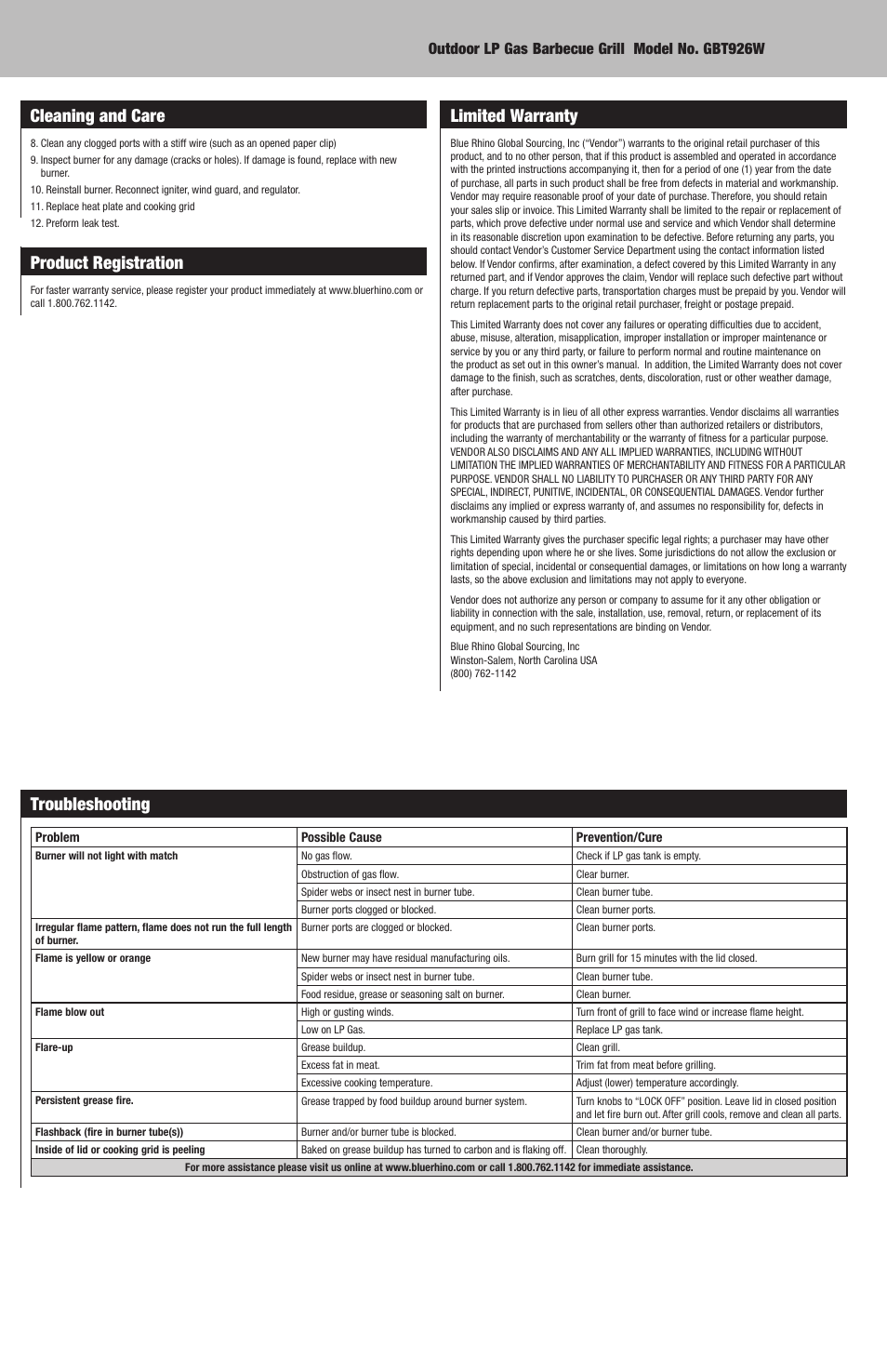 Troubleshooting, Limited warranty, Product registration | Cleaning and care | Blue Rhino GBT926W User Manual | Page 8 / 20
