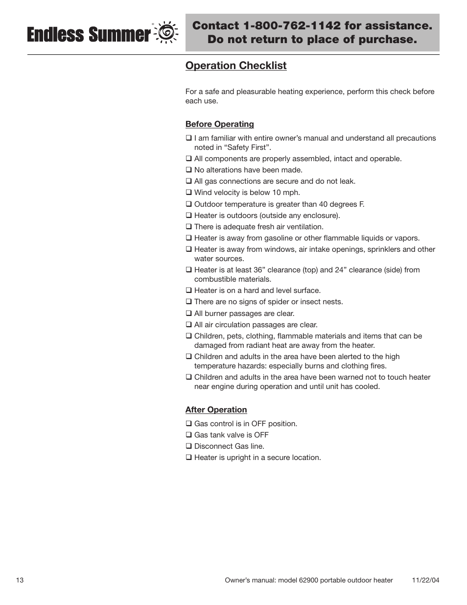 Operation checklist | Blue Rhino Endless Summer 62900 User Manual | Page 14 / 19