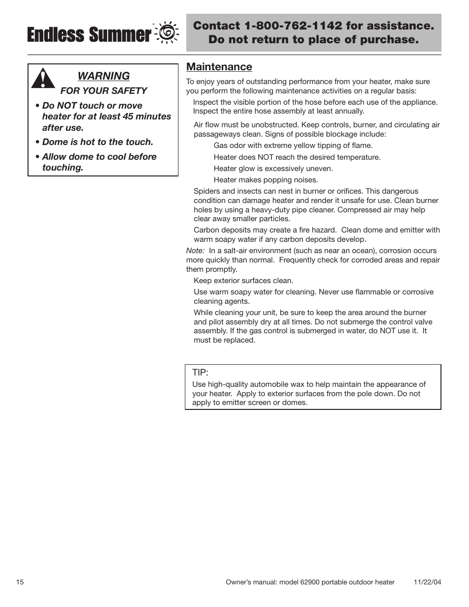 Maintenance, Warning | Blue Rhino Endless Summer 62900 User Manual | Page 16 / 19