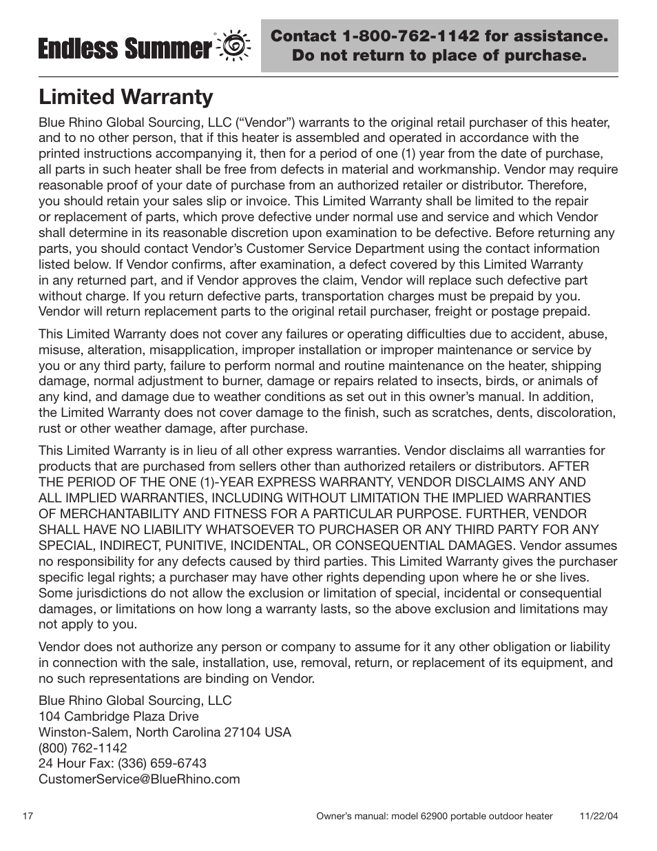 Limited warranty | Blue Rhino Endless Summer 62900 User Manual | Page 18 / 19