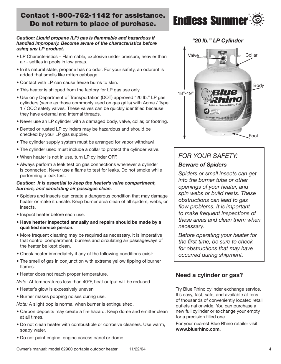 For your safety, Need a cylinder or gas | Blue Rhino Endless Summer 62900 User Manual | Page 5 / 19