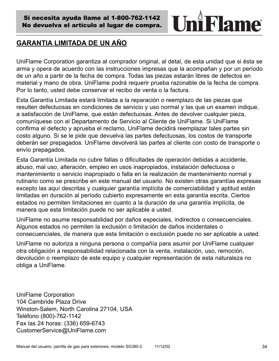 Garantia limitada de un año | Blue Rhino SG380-2 User Manual | Page 35 / 40