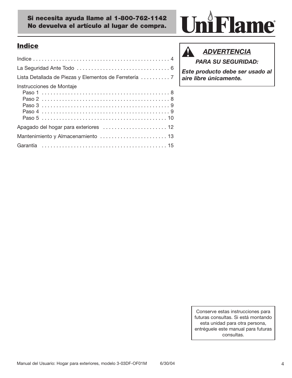 Indice, Advertencia | Blue Rhino 3-03DF-OF01M User Manual | Page 5 / 20