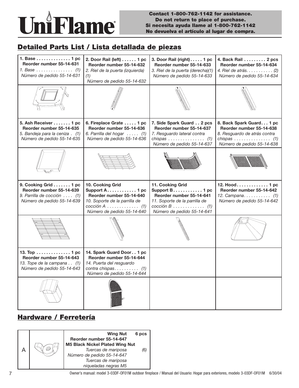 Detailed parts list / lista detallada de piezas, Hardware / ferretería | Blue Rhino 3-03DF-OF01M User Manual | Page 8 / 20