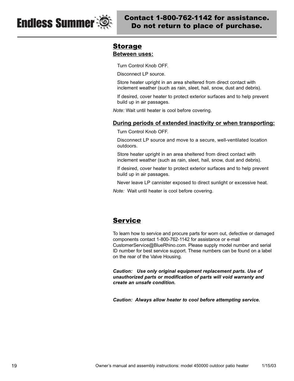 Service | Blue Rhino 450000 User Manual | Page 20 / 24