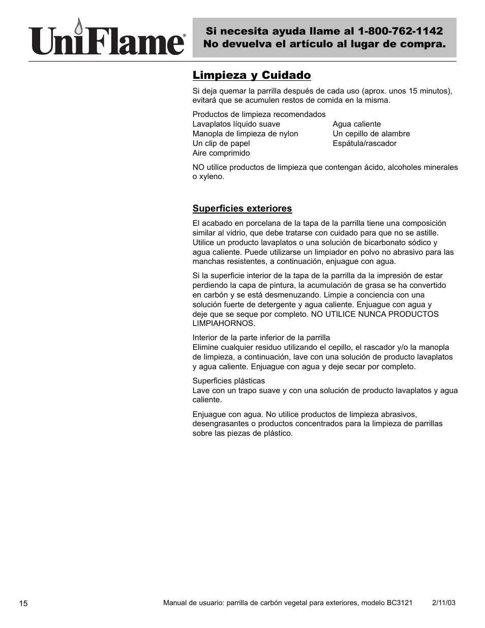 Limpieza y cuidado | Blue Rhino BC3121 User Manual | Page 16 / 24