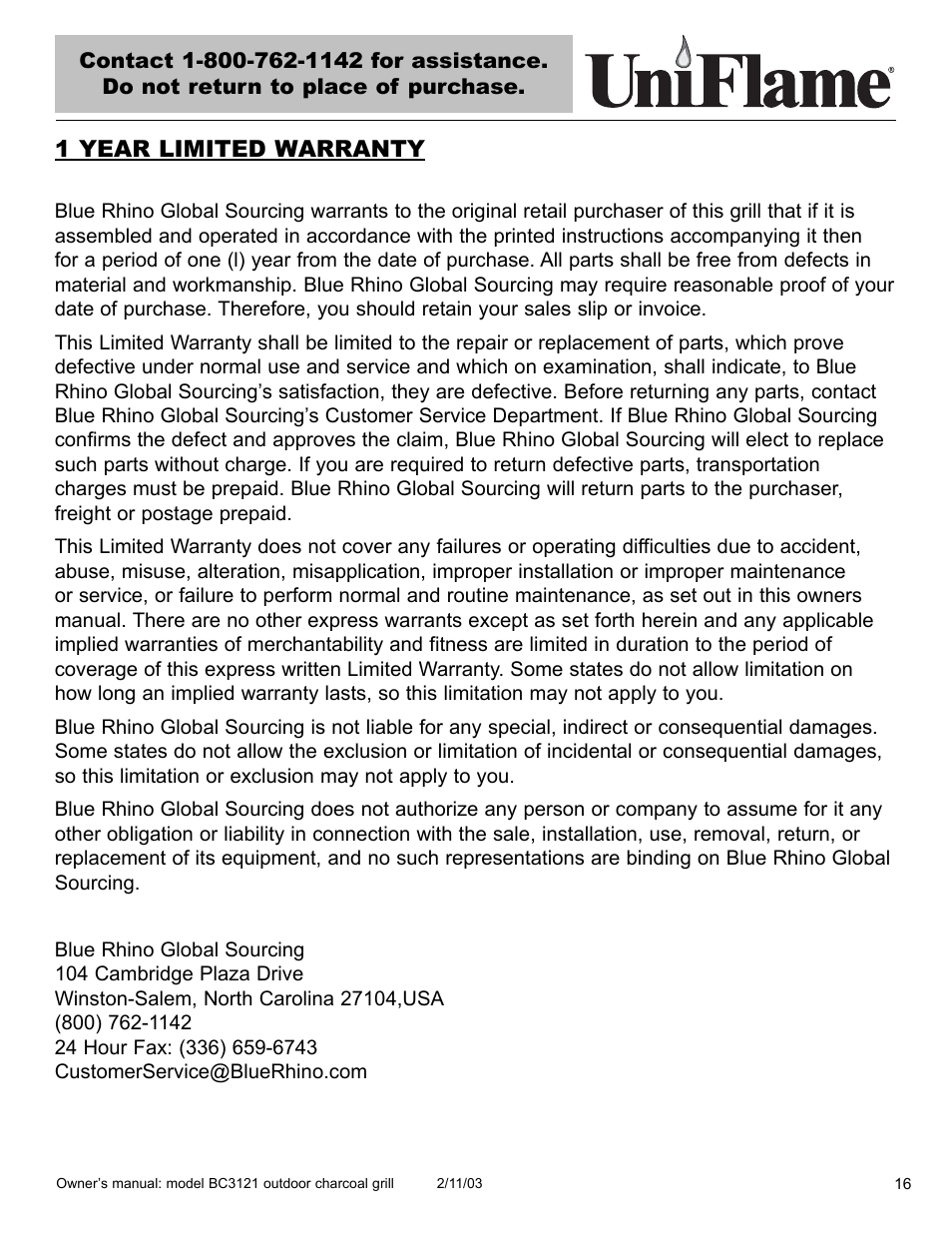 1 year limited warranty | Blue Rhino BC3121 User Manual | Page 17 / 24