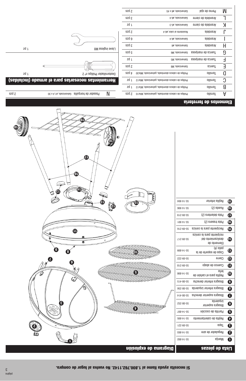 Lista de piezas, Diagrama de explosión, Herramientas necesarias para el armado (incluidas) | Elementos de ferretería | Blue Rhino CBC2204 User Manual | Page 14 / 16