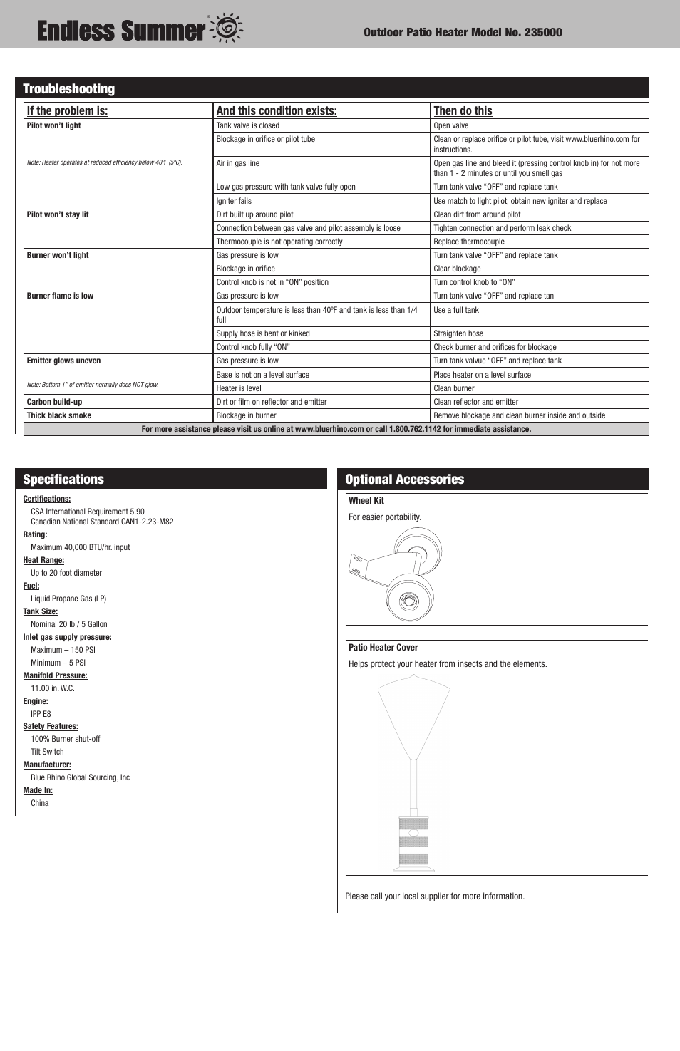 Troubleshooting, Specifications, Optional accessories | Blue Rhino ENDLESS SUMMER 235000 User Manual | Page 10 / 10