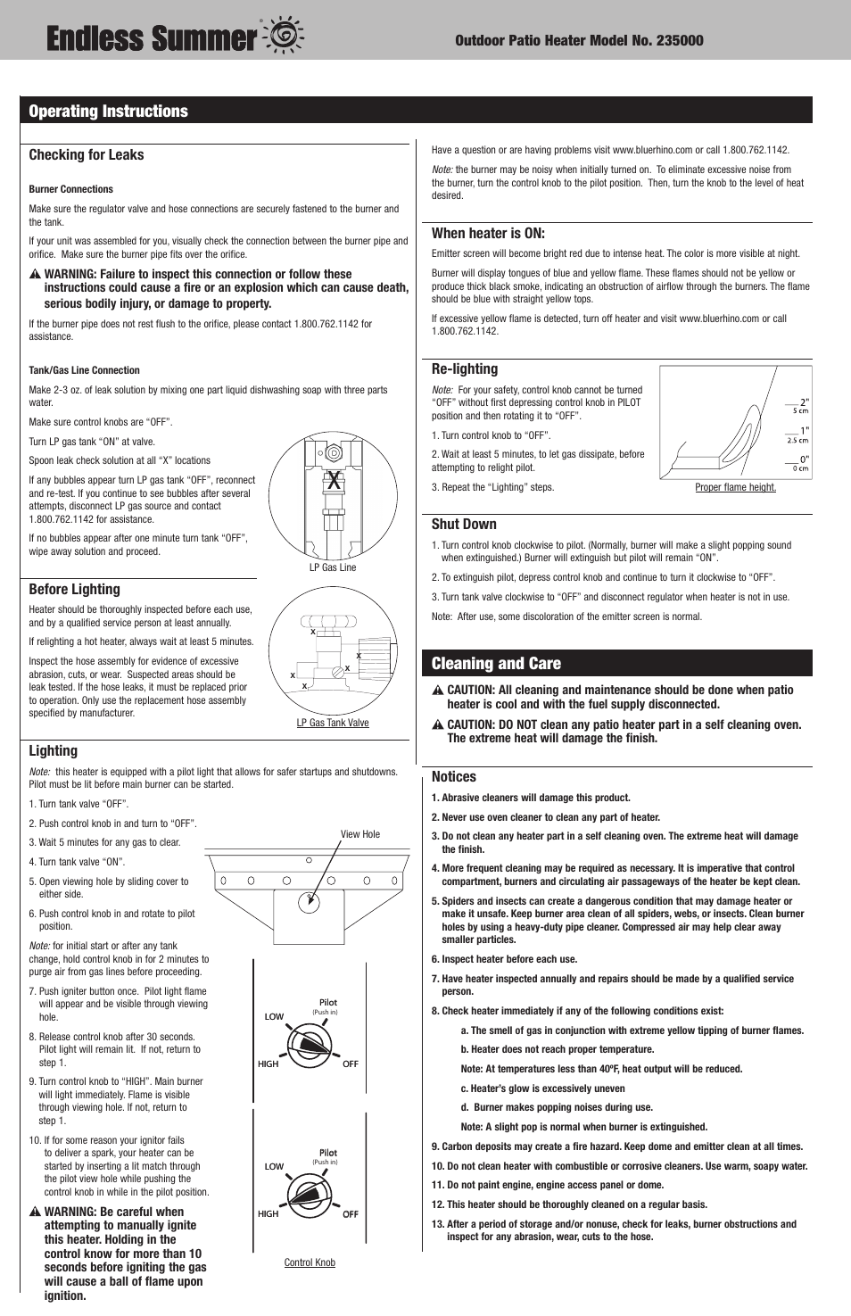 Cleaning and care, Operating instructions, When heater is on | Re-lighting, Shut down, Notices, Checking for leaks, Before lighting, Lighting | Blue Rhino ENDLESS SUMMER 235000 User Manual | Page 8 / 10
