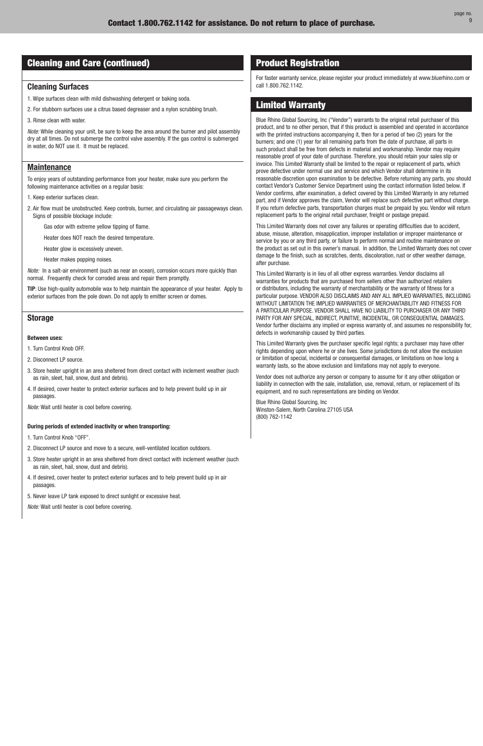 Cleaning and care (continued) product registration, Limited warranty | Blue Rhino ENDLESS SUMMER 235000 User Manual | Page 9 / 10