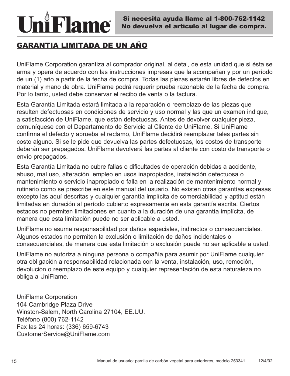 Garantia limitada de un año | Blue Rhino 253341 User Manual | Page 16 / 21