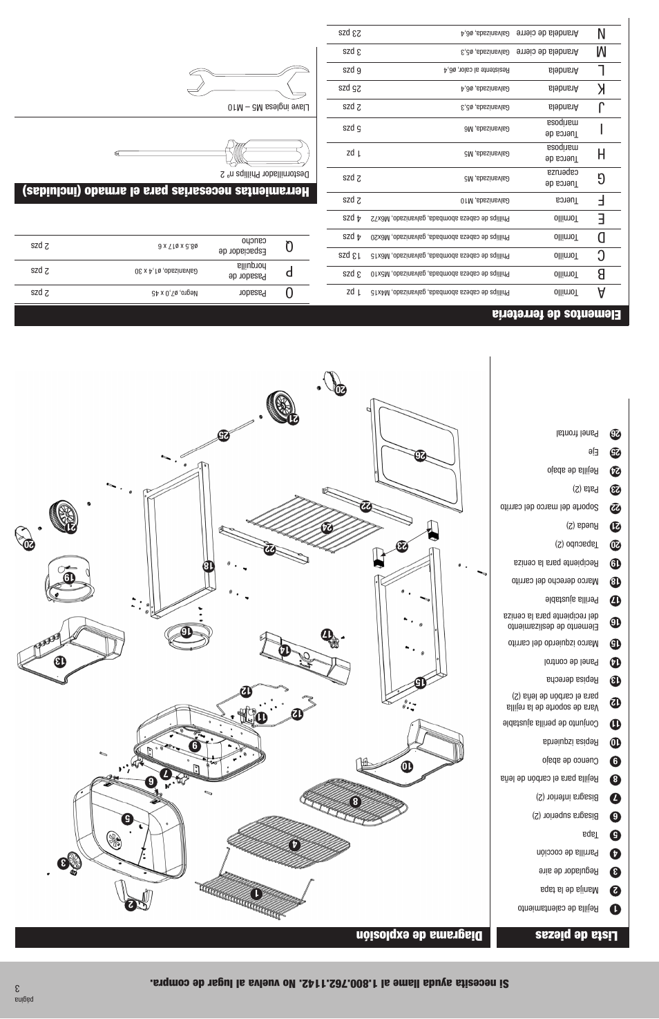 Herramientas necesarias para el armado (incluidas), Lista de piezas, Elementos de ferretería | Diagrama de explosión | Blue Rhino CBC741W User Manual | Page 14 / 16