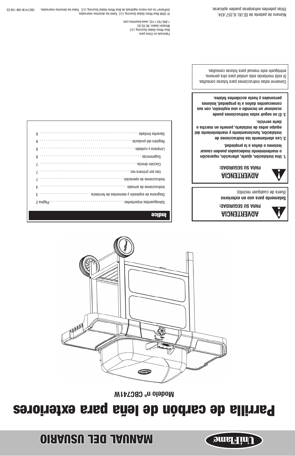 Parrilla de carbón de leña para exteriores, Manual del usu ario, Modelo nº cbc741w | Advertencia, Indice | Blue Rhino CBC741W User Manual | Page 16 / 16