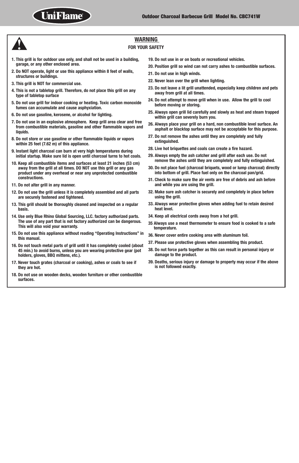 Warning | Blue Rhino CBC741W User Manual | Page 2 / 16