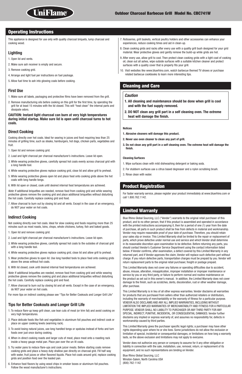 Cleaning and care, Product registration, Limited warranty | Operating instructions | Blue Rhino CBC741W User Manual | Page 8 / 16