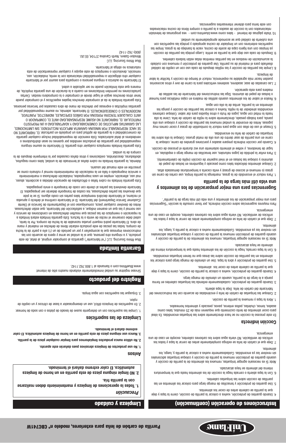 Limpieza y cuidado, Registro del producto, Garantia limitada | Instrucciones de operación (continuación), Precaución, Avisos, Limpieza de las superficies, Cocción indirecta | Blue Rhino CBC741W User Manual | Page 9 / 16