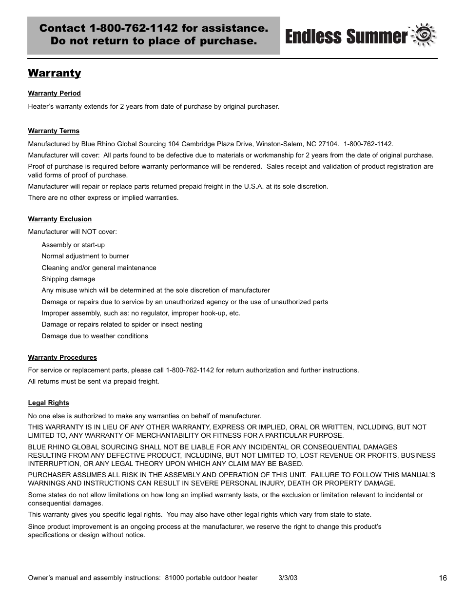 Blue Rhino 81000 User Manual | Page 17 / 20