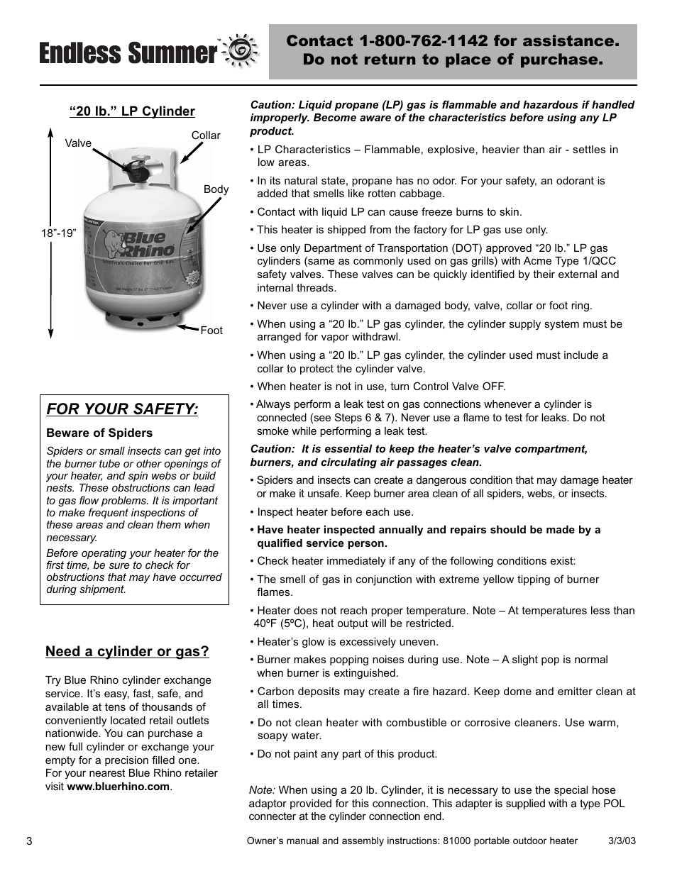 For your safety, Need a cylinder or gas | Blue Rhino 81000 User Manual | Page 4 / 20