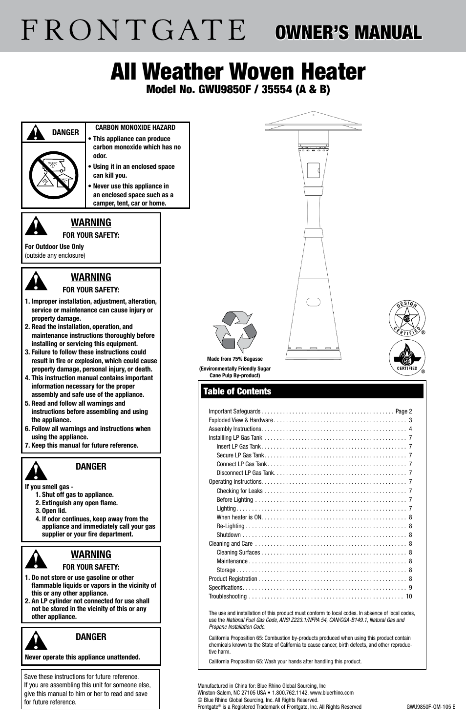 Blue Rhino ALL WEATHER WOVEN HEATER GWU9850F / 35554 User Manual | 12 pages
