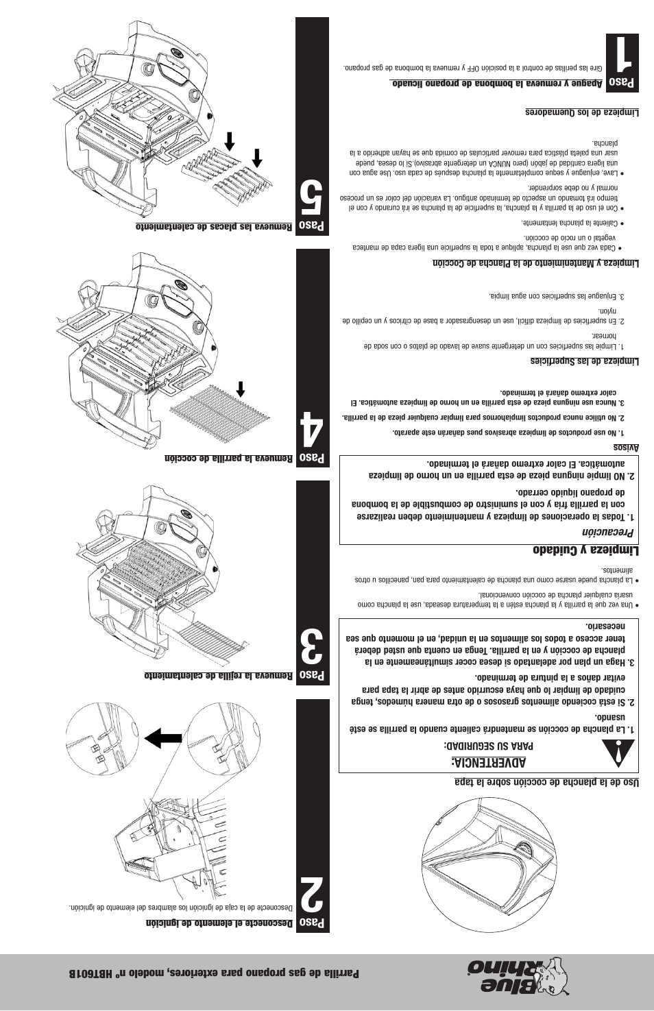 Advertencia, Limpieza y cuidado, Paso | Blue Rhino HBT601B User Manual | Page 13 / 20