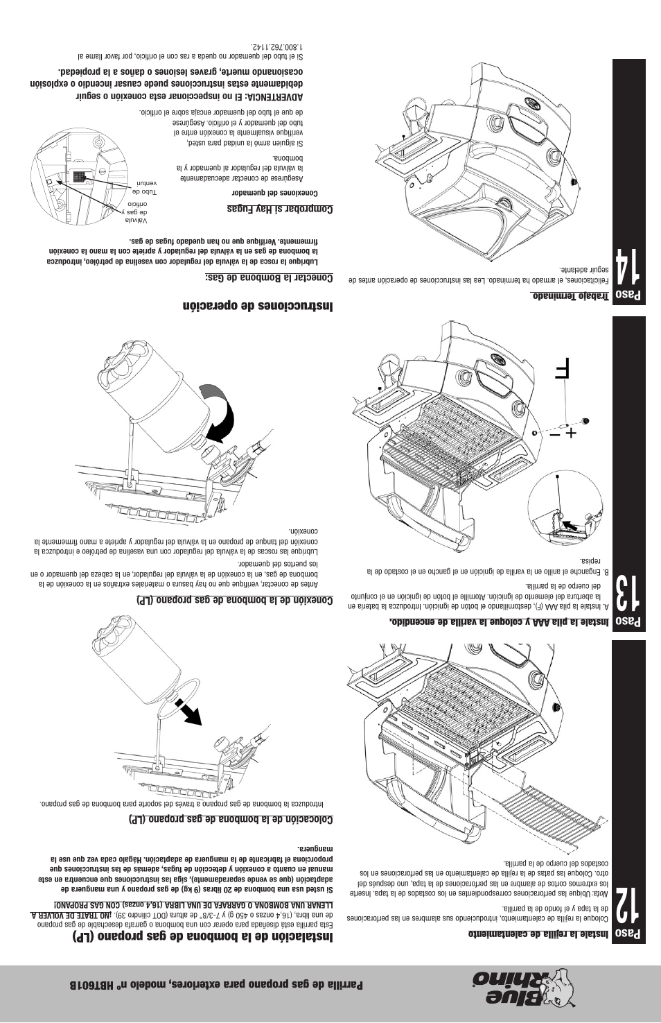 Instalación de la bombona de gas propano (lp), Instrucciones de operación, Paso | Blue Rhino HBT601B User Manual | Page 15 / 20