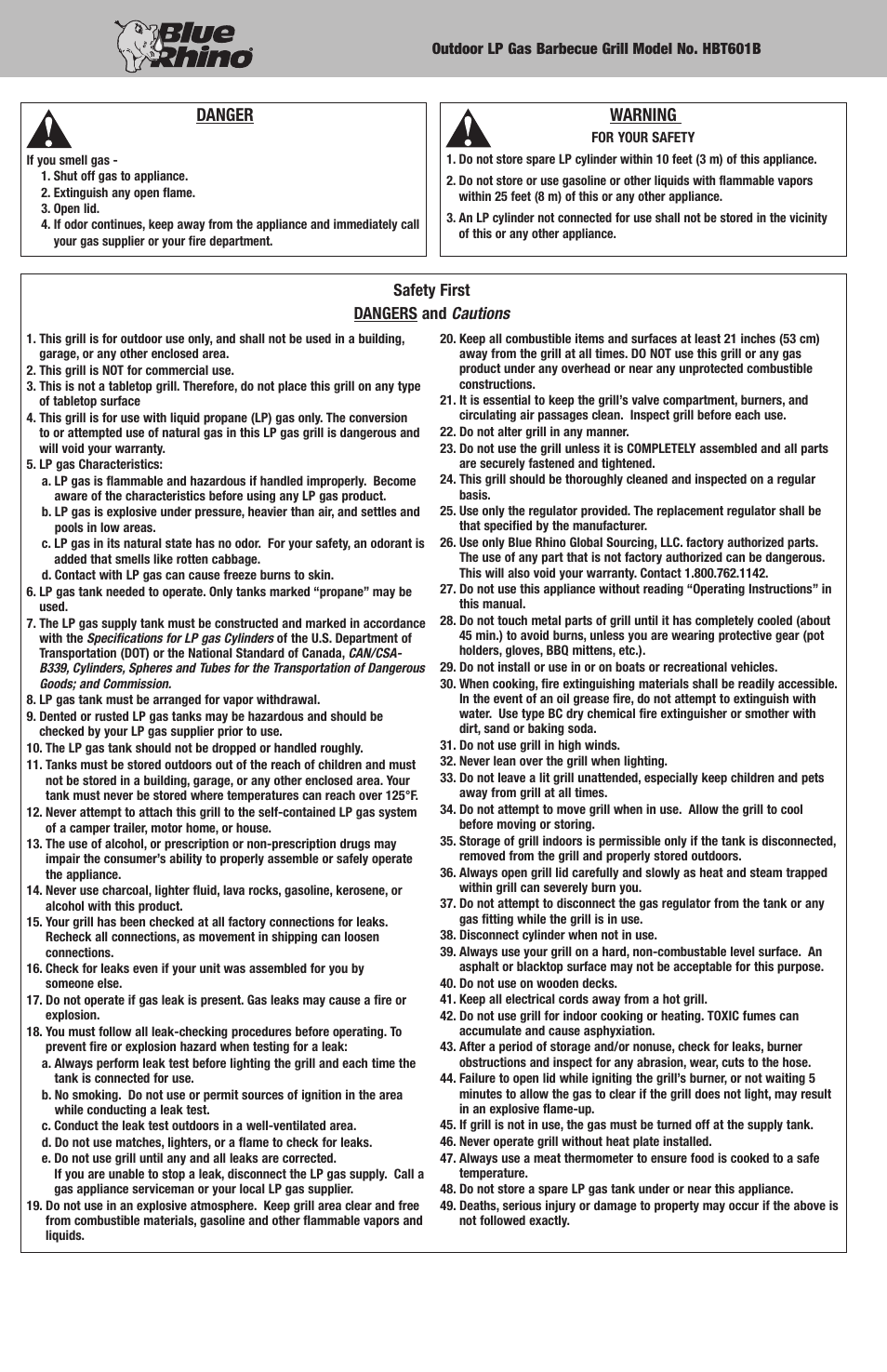 Danger, Warning, Safety first dangers and cautions | Blue Rhino HBT601B User Manual | Page 2 / 20