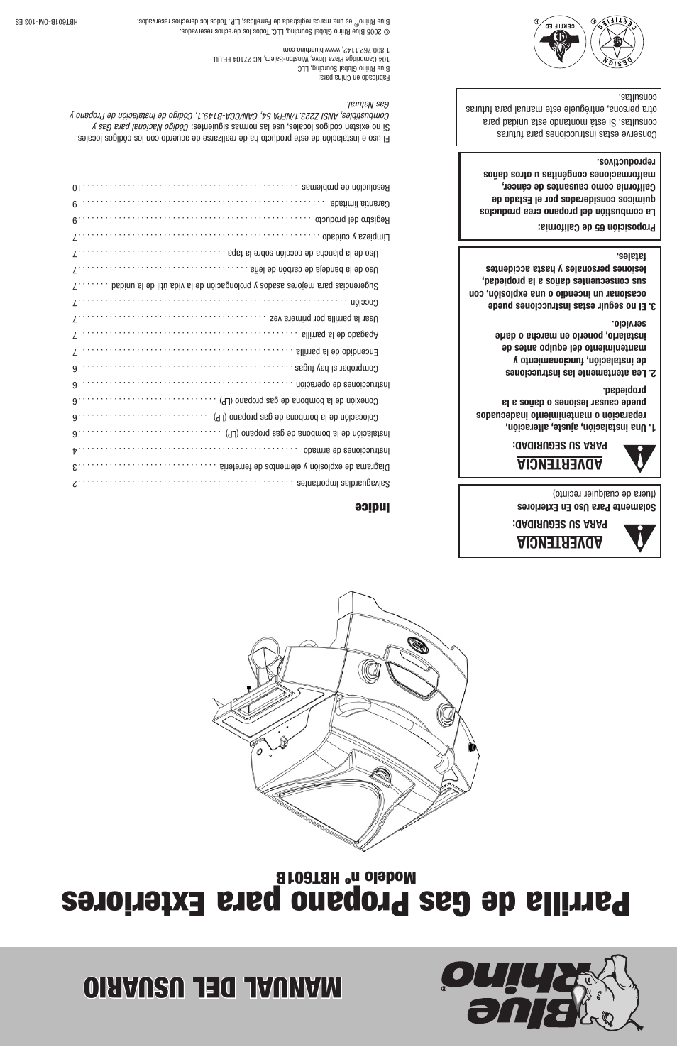Parrilla de gas propano para exteriores, Manual del usu ario, Modelo nº hbt601b | Advertencia, Indice | Blue Rhino HBT601B User Manual | Page 20 / 20