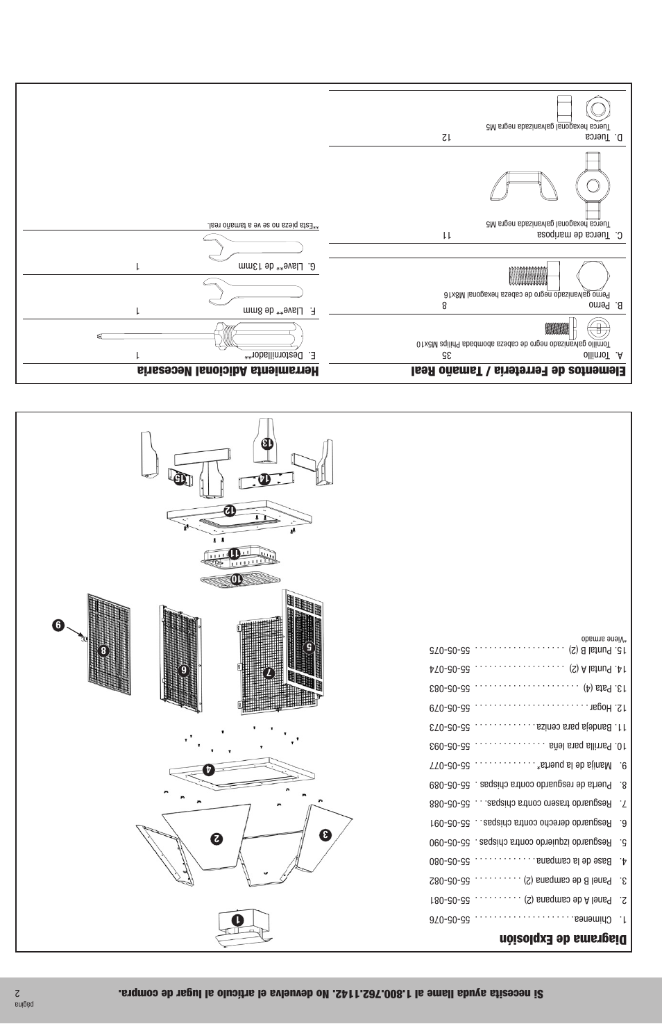 Diagrama de explosión, Elementos de ferretería / tamaño real, Herramienta adicional necesaria | Blue Rhino WAF520A User Manual | Page 10 / 12