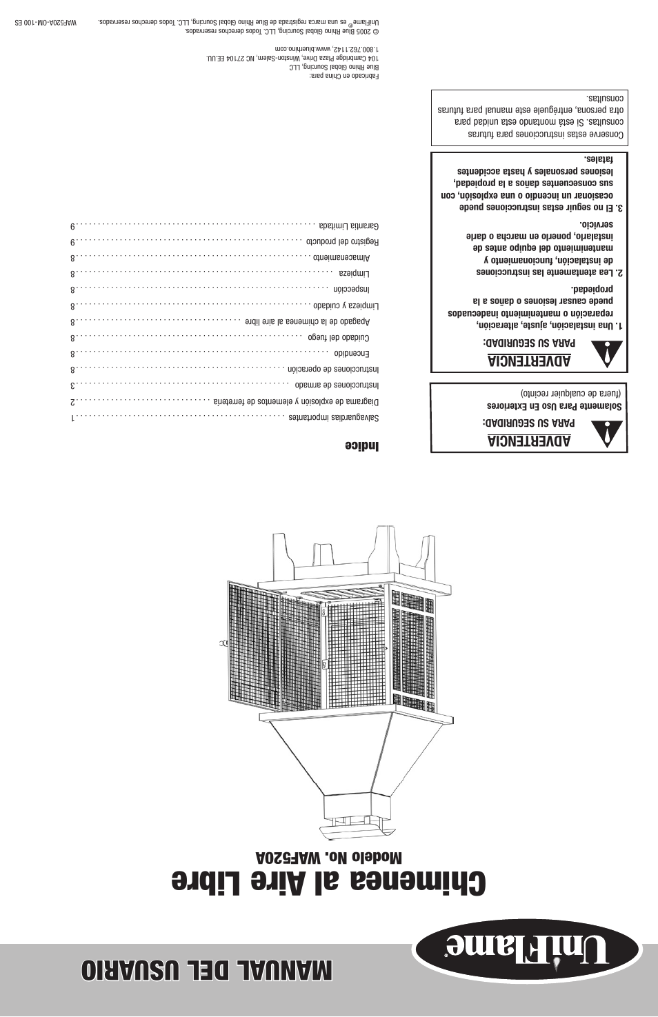 Chimenea al aire libre, Manual del usu ario, Modelo no. waf520a | Advertencia, Indice | Blue Rhino WAF520A User Manual | Page 12 / 12