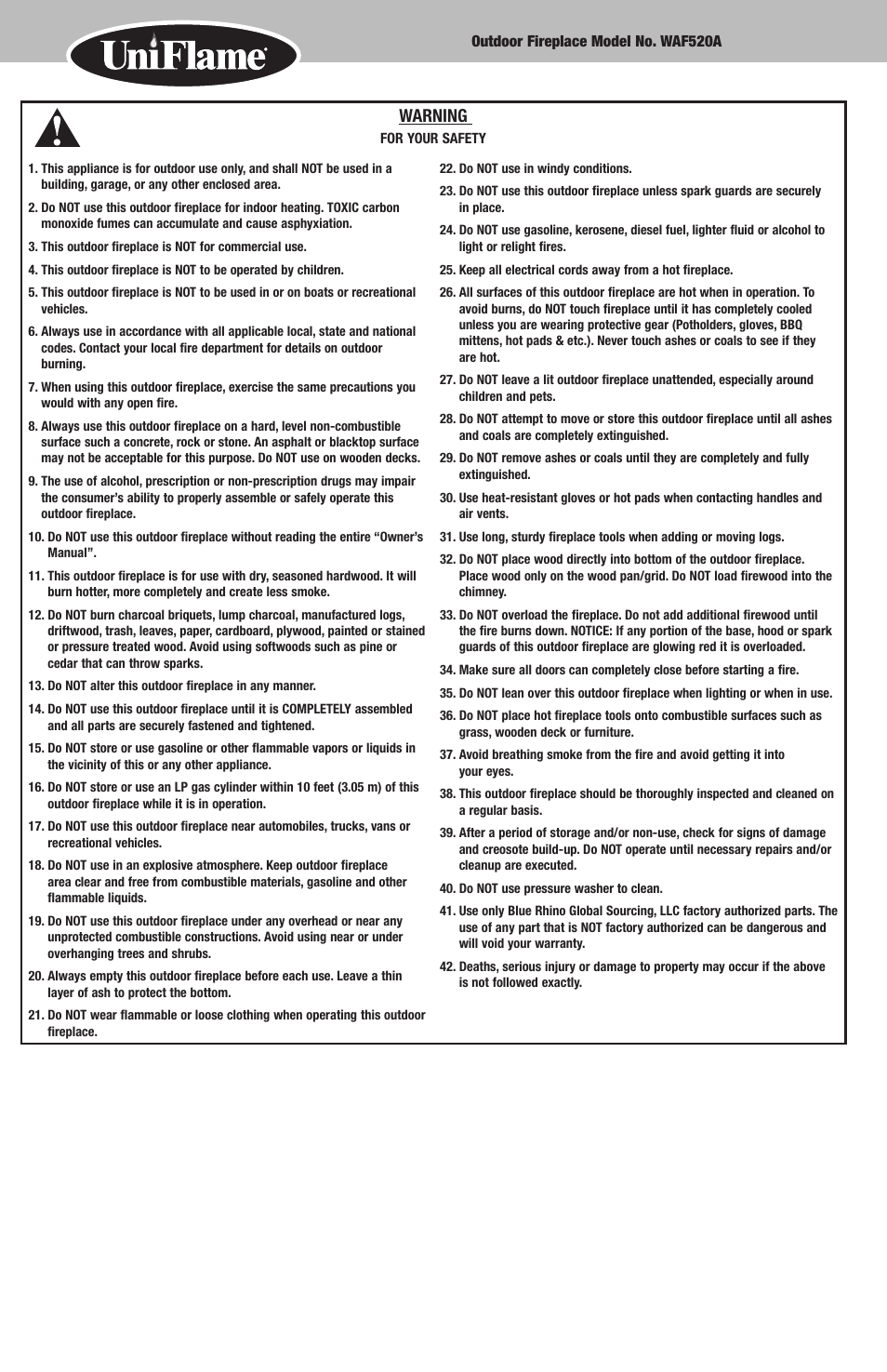 Warning | Blue Rhino WAF520A User Manual | Page 2 / 12