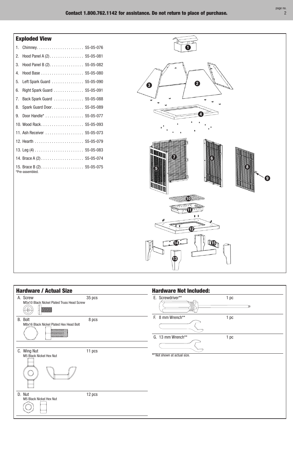 Exploded view, Hardware / actual size, Hardware not included | Blue Rhino WAF520A User Manual | Page 3 / 12