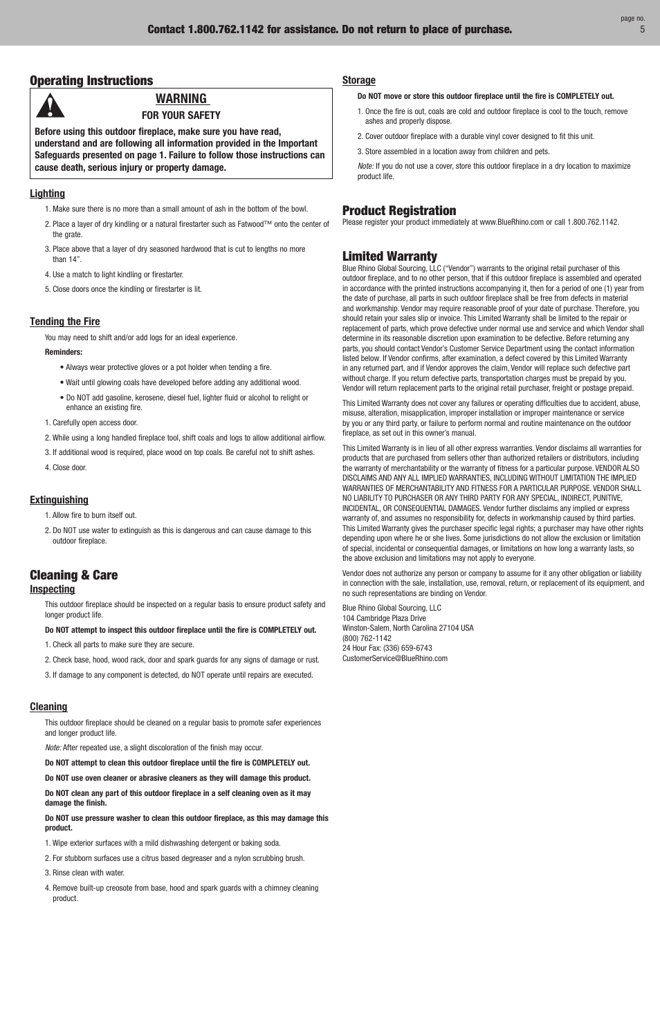 Operating instructions warning, Cleaning & care, Product registration | Limited warranty | Blue Rhino WAF520A User Manual | Page 6 / 12