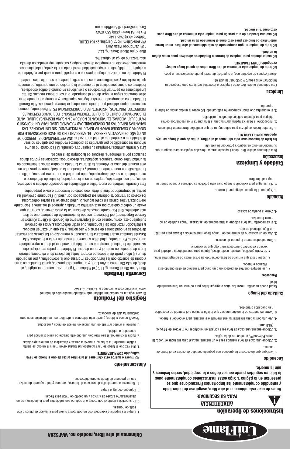 Instrucciones de operación advertencia, Cuidado y limpieza, Registro del producto | Garantia limitada, Chimenea al aire libre , modelo no. w af520a | Blue Rhino WAF520A User Manual | Page 7 / 12