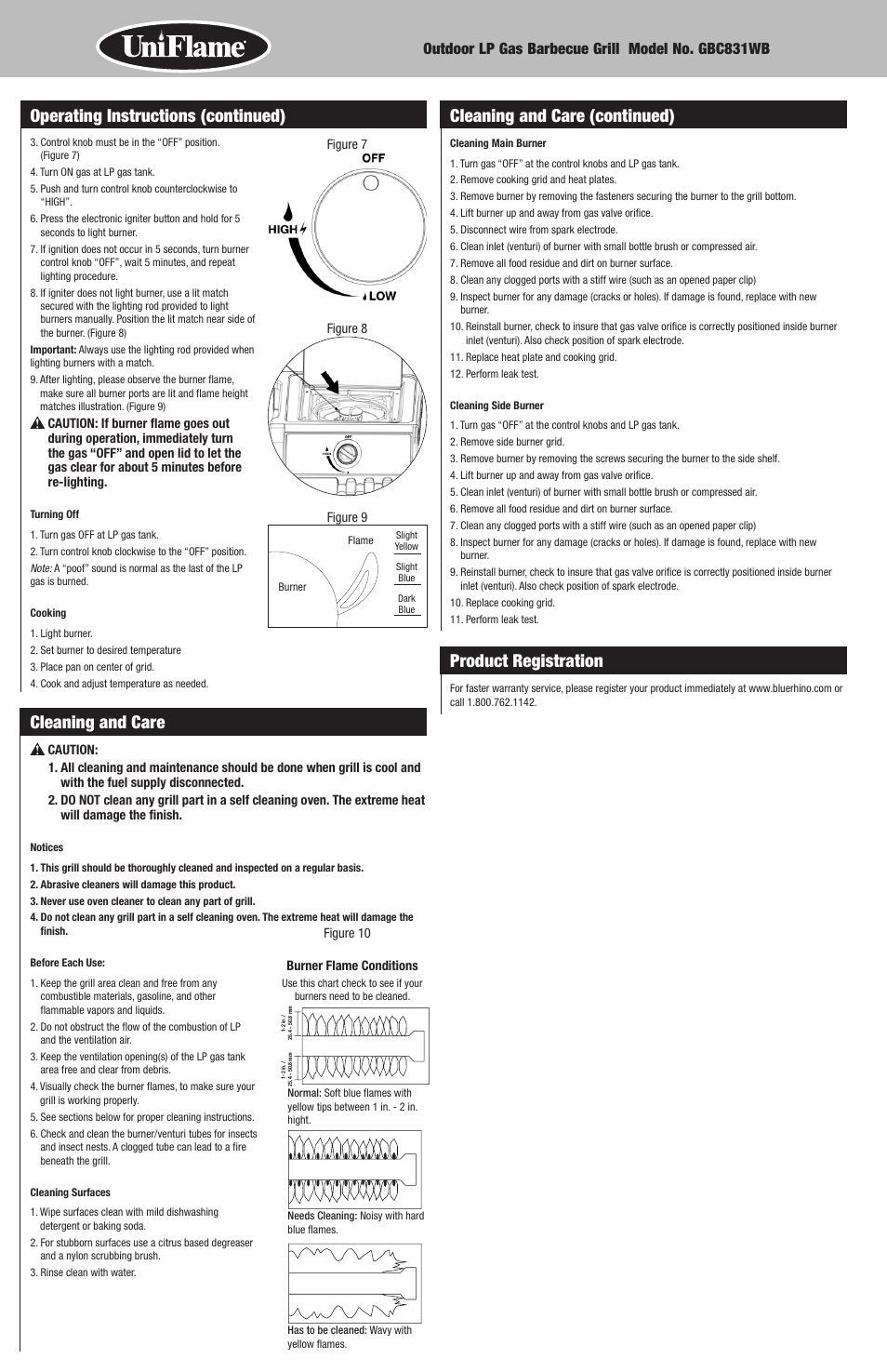 Cleaning and care, Operating instructions (continued), Product registration | Cleaning and care (continued) | Blue Rhino GBC831WB User Manual | Page 10 / 28