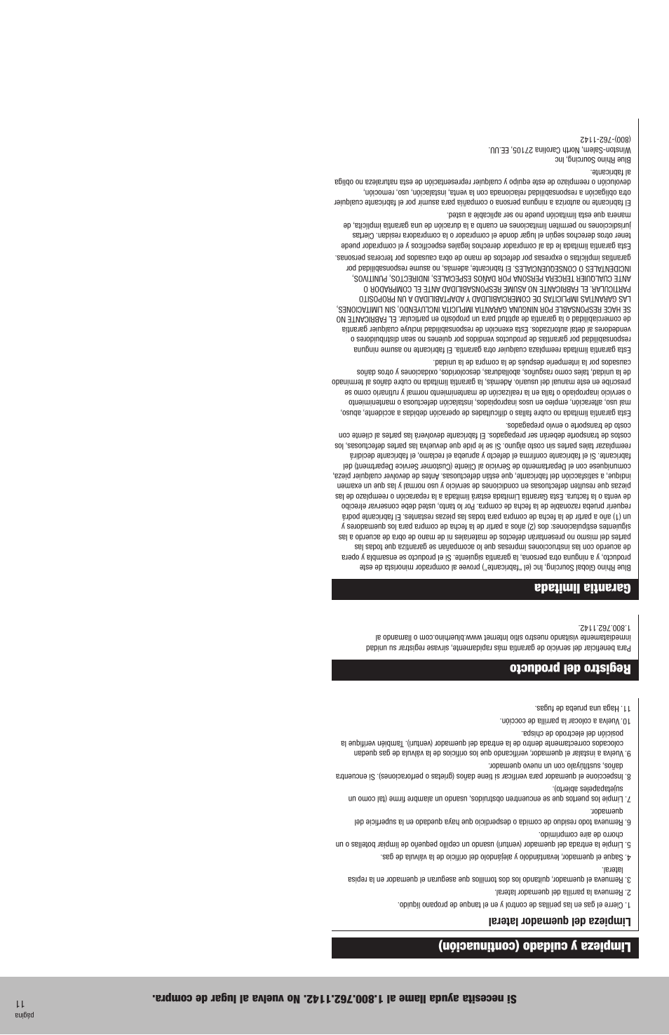 Registro del producto, Garantia limitada, Limpieza y cuidado (continuación) | Limpieza del quemador lateral | Blue Rhino GBC831WB User Manual | Page 18 / 28