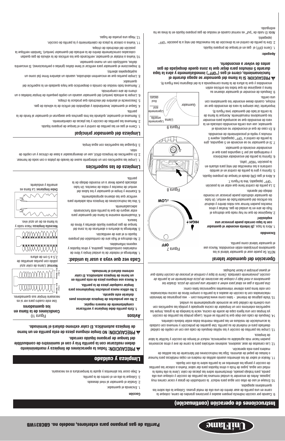 Instrucciones de operación (continuación), Limpieza y cuidado, Operación del quemador lateral | Prec aucion, Avisos, Cada vez que vay a a usar la unidad, Limpieza de las superficies, Limpieza del quemador principal | Blue Rhino GBC831WB User Manual | Page 19 / 28