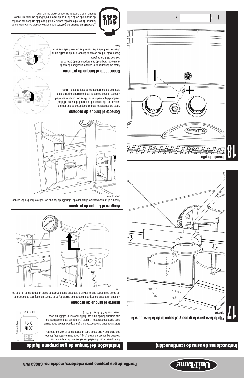 Instrucciones de armado (continuación), Instalación del tanque de gas propano líquido | Blue Rhino GBC831WB User Manual | Page 21 / 28