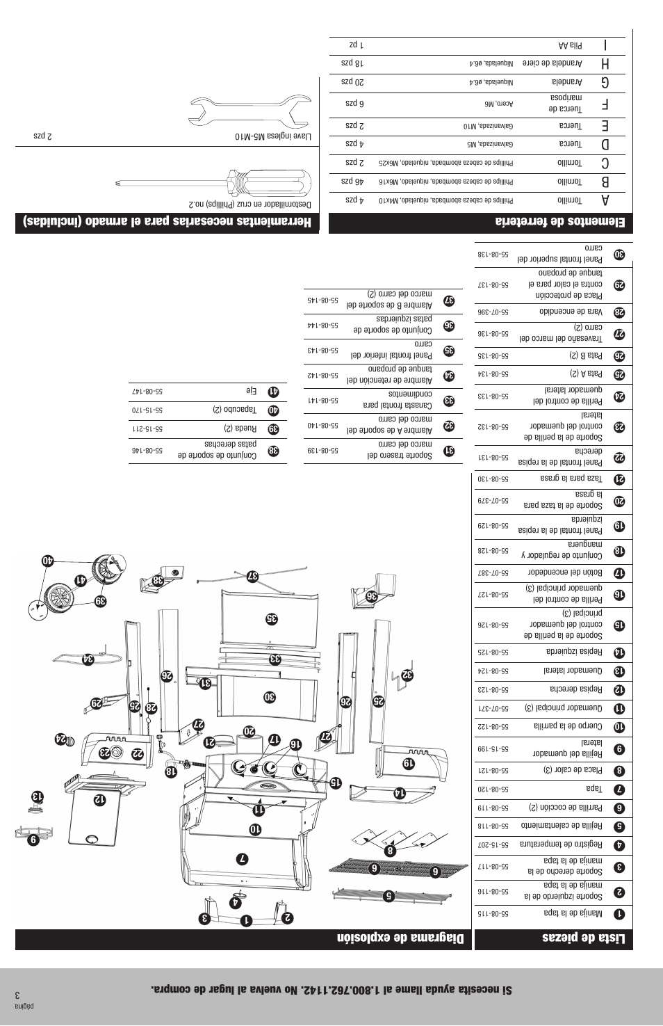 Elementos de ferretería, Herramientas necesarias para el armado (incluidas), Lista de piezas | Diagrama de explosión | Blue Rhino GBC831WB User Manual | Page 26 / 28