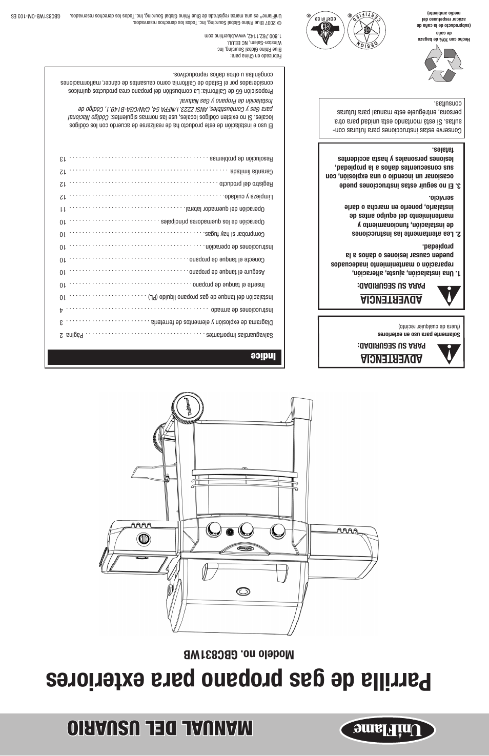 Parrilla de gas propano para e xteriores, Manual del usu ario, Modelo no. gbc831wb | Advertencia, Indice | Blue Rhino GBC831WB User Manual | Page 28 / 28