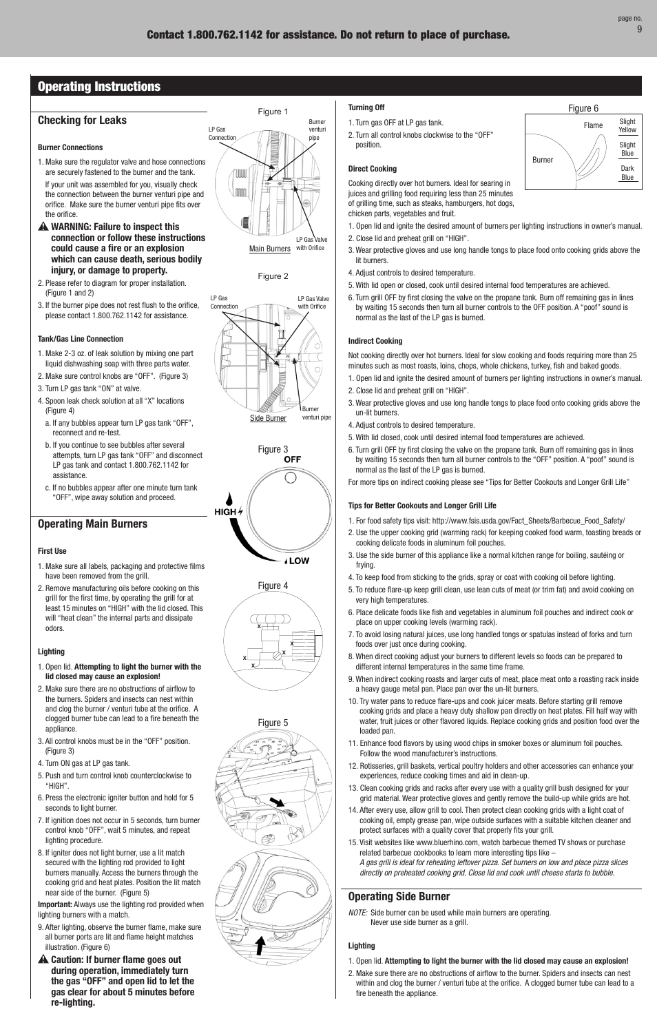 Operating instructions, Checking for leaks, Operating main burners | Operating side burner | Blue Rhino GBC831WB User Manual | Page 9 / 28